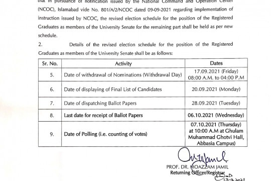 Revised Election Schedule for the Registered Graduates as Members of the University Senate