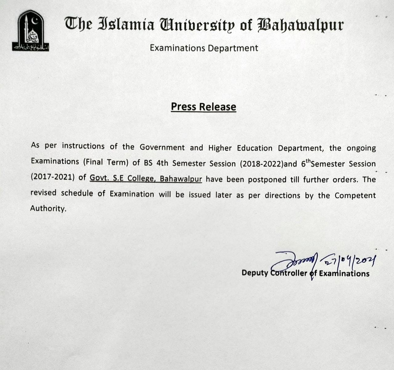 BS Examinations going on at Government SE College Postponed