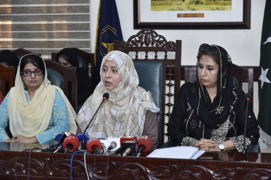 Dean Faculty of Chemical and Biological Science Professor Dr. Shazia Anjum talks to the media