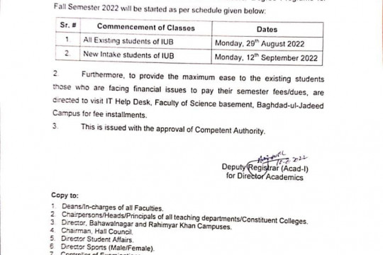 Schedule for Commencement of Classes for Existing and New Intake Students