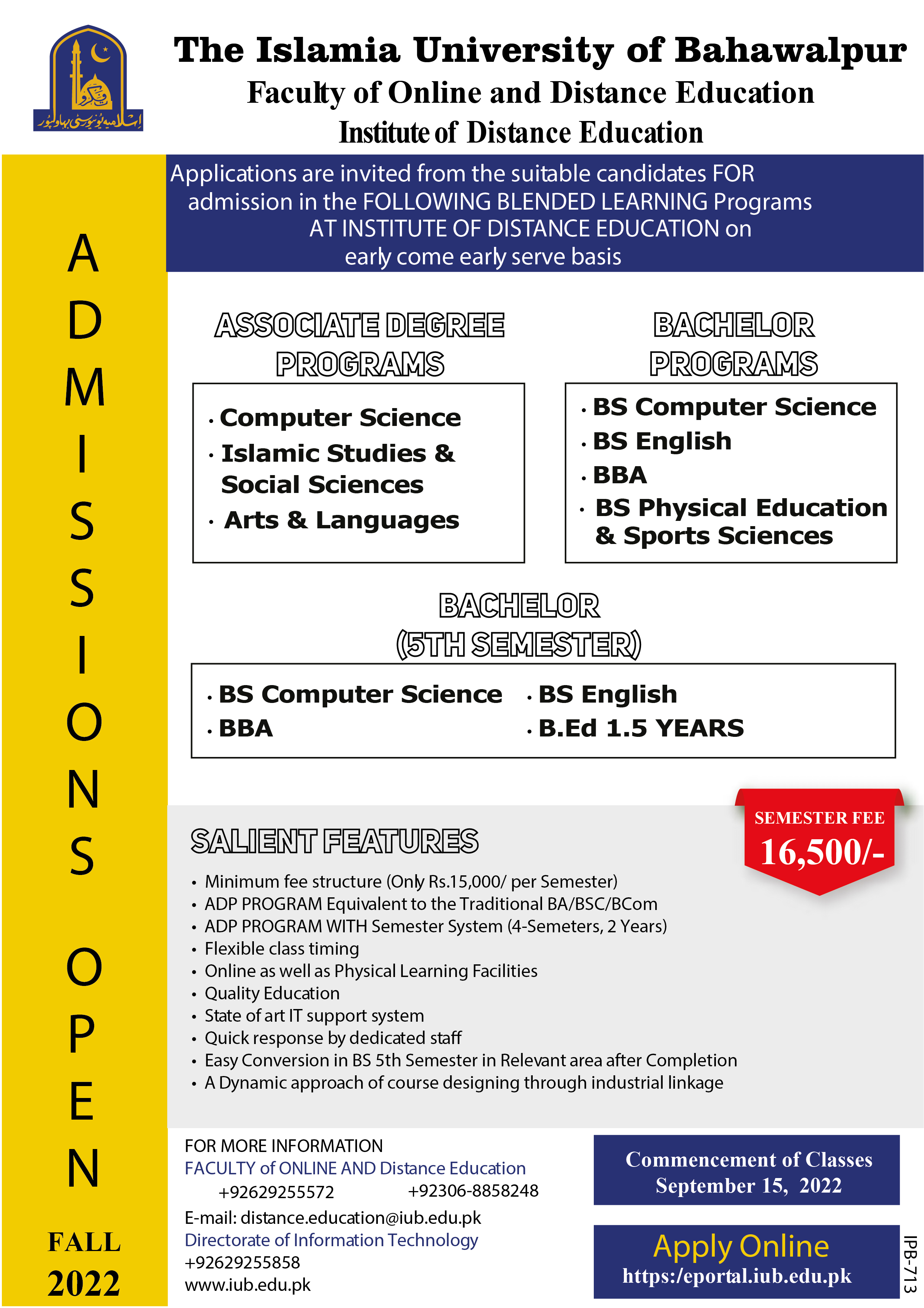 Admission open in Faculty of online and distance education IUB The