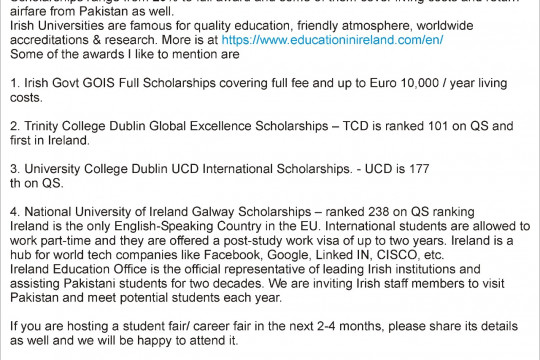 Irish Institutions offering Scholarships to Pakistan students