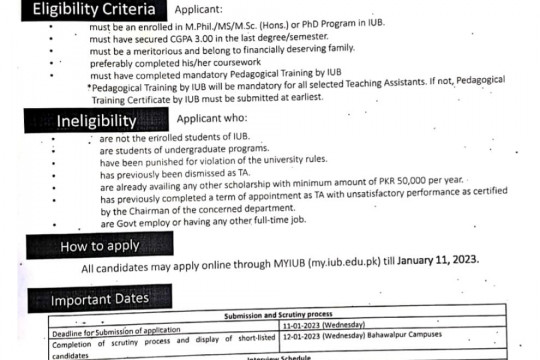 Positions of Teaching Assistants for Spring Semester, 2023 in the Islamia University of Bahawalpur