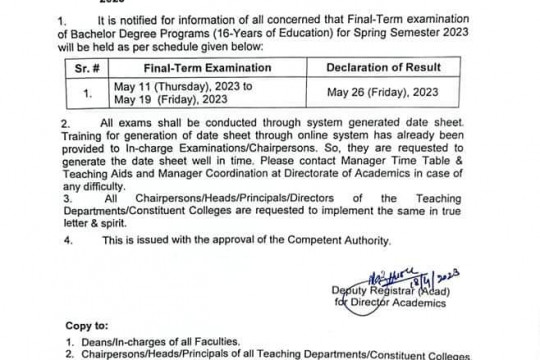 Start of Final Term Examination of Bachelor Degree Programs for Spring Semester 2023