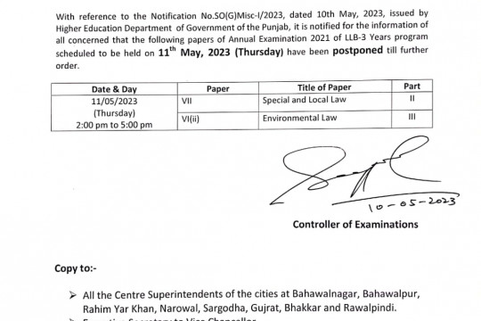 Two more Papers of Annual Examination 2021 of LLB-3 years program scheduled to be held on May 11, have been postponed