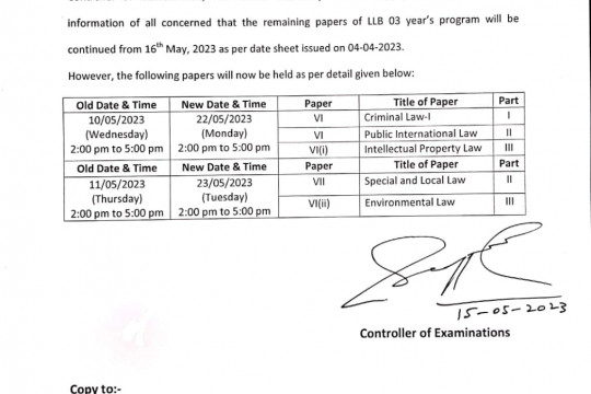 Rescheduling of Papers of LLB 03 Years Programs