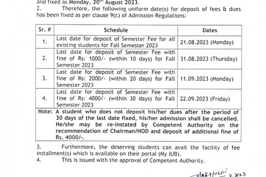 Notification : Revised Dates to Fees and Dues of Bachelor Degree Programs (16 years education) for fall semester 2023