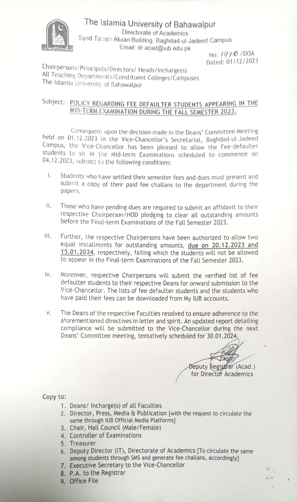 notification regarding fee defaulter students appreaing in the Midterm Examination during the fall semester 2023
