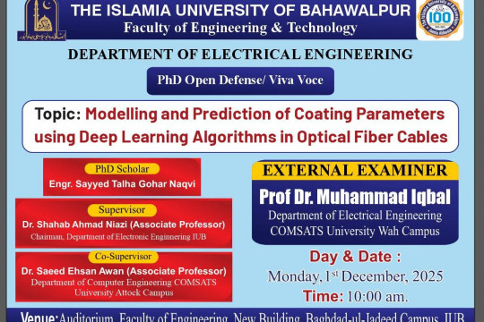 Sayyed Talha Gohar, a PhD scholar in the Department of Electrical Engineering, will defend publicly on Dec 1, 2025.