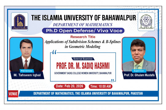 Muhammad Tehseen Iqbal, a PhD scholar from the Department of Mathematics, will defend his thesis on February 20, 2026