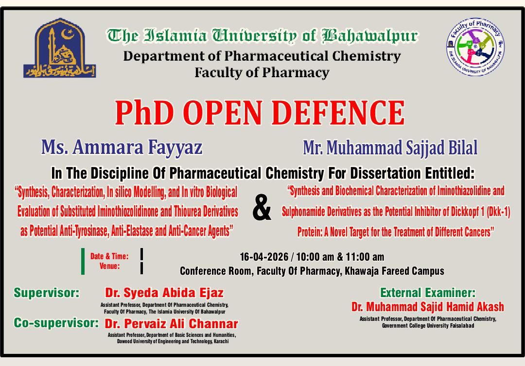 Open defense of two PhD scholars from the Department of Pharmaceutical Chemistry will be held at 16 April 2026