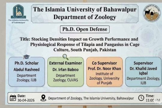 Open defense of PhD Scholar Abdul Rasheed from the Department of Zoology will be held on 30 April 2026