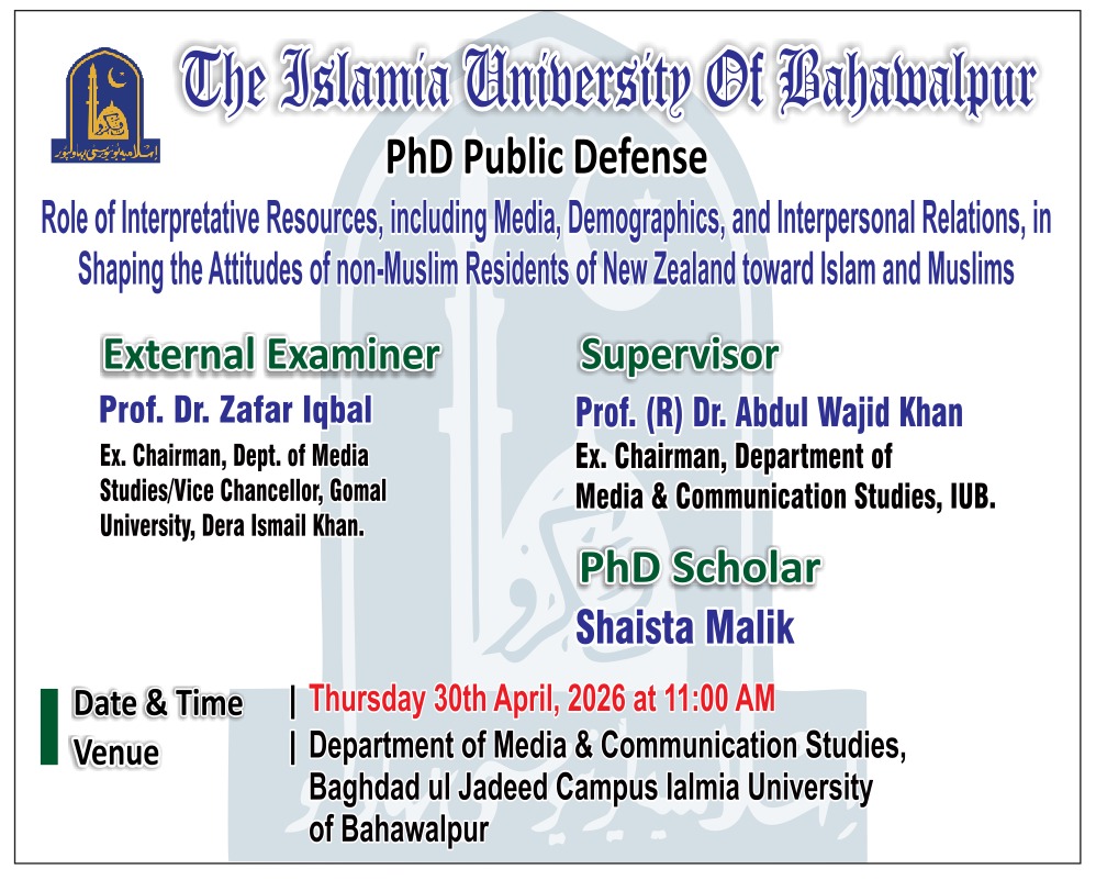The open defense of PhD scholar Shaista Malik from the Department of Media Studies will be held on April 30, 2026.
