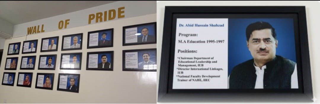 The Wall of Pride at BZU Multan honored Dr. Abid Hussain Shahzad with his picture and professional profile.