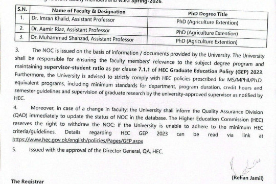 HEC has issued NOC to offer PhD program in the subject of Agriculture Extension.