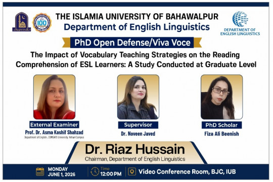 On June 1, 2026, PhD scholar Fiza Ali Beenish in the Department of English Linguistics will make her public defense.