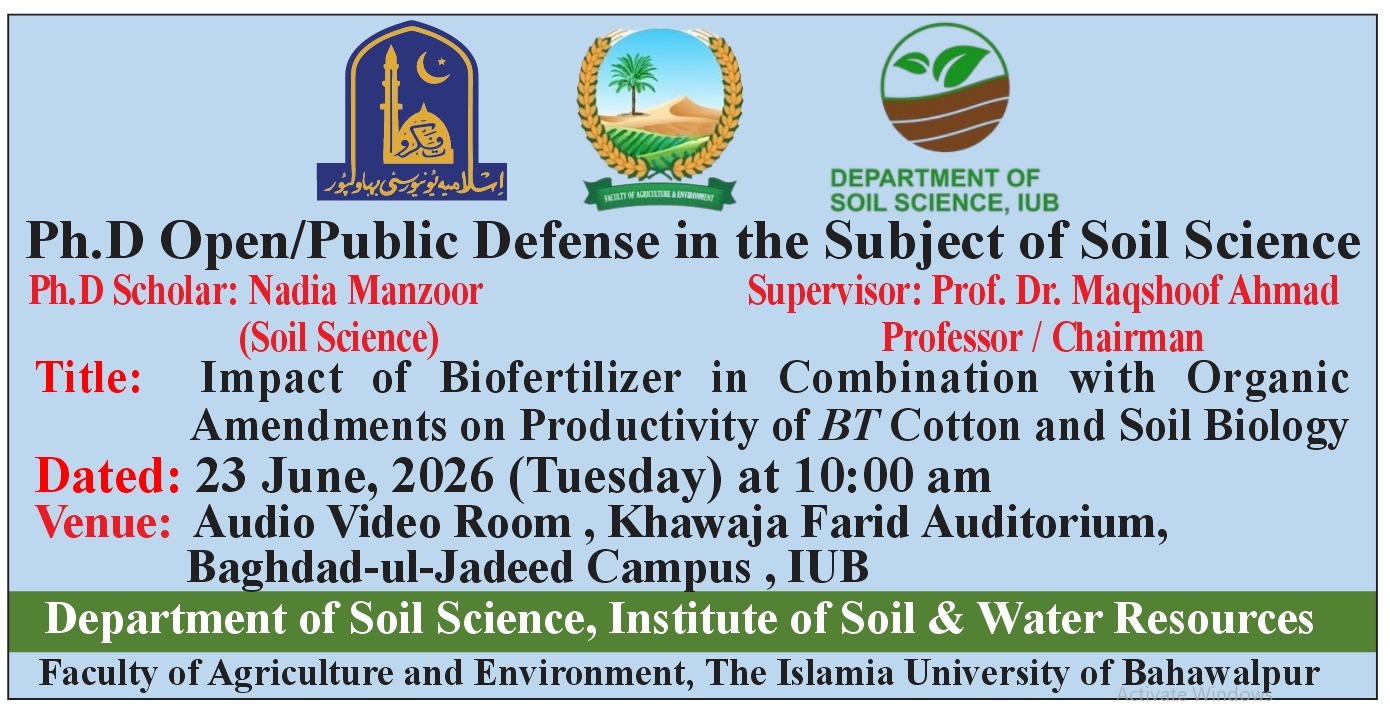Nadia Manzoor, a PhD scholar in the Department of Soil Science, will hold an open defense on June 23, 2026.