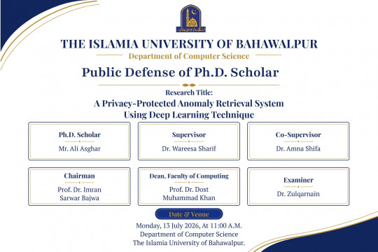 PhD scholar in the Department of Computer Science Mr. Ali Asghar will have a public defense on July 13, 2026.