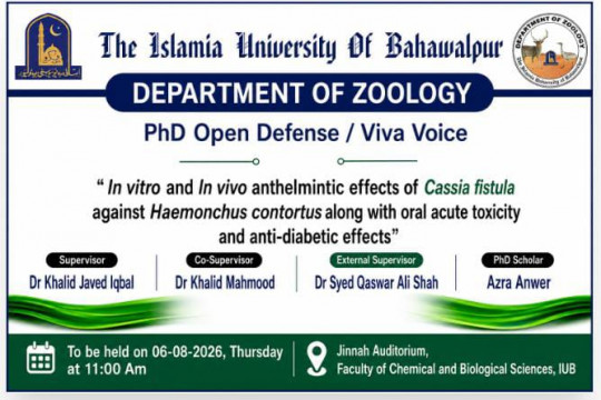 Azra Anwar, a PhD scholar in the Department of Zoology, will defend her thesis on August 6, 2026.