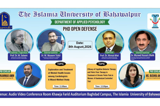 open defense of two PhD Scholars from Department of Applied Psychology will be held on 8th August 2026
