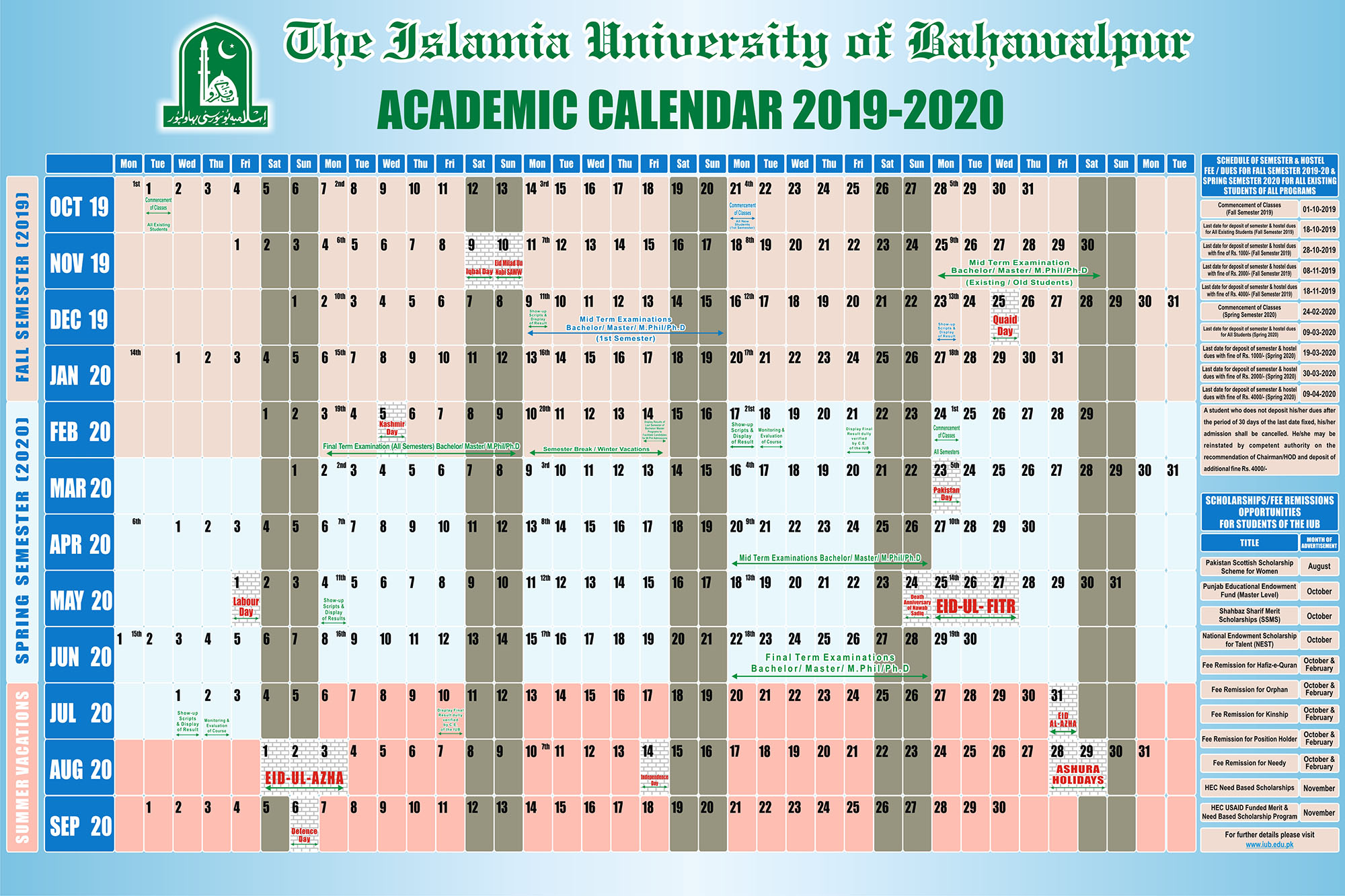 iu academic calendar fall 2021 Academic Calendar For The Year 2019 20 Iub The Islamia University Of Bahawalpur iu academic calendar fall 2021