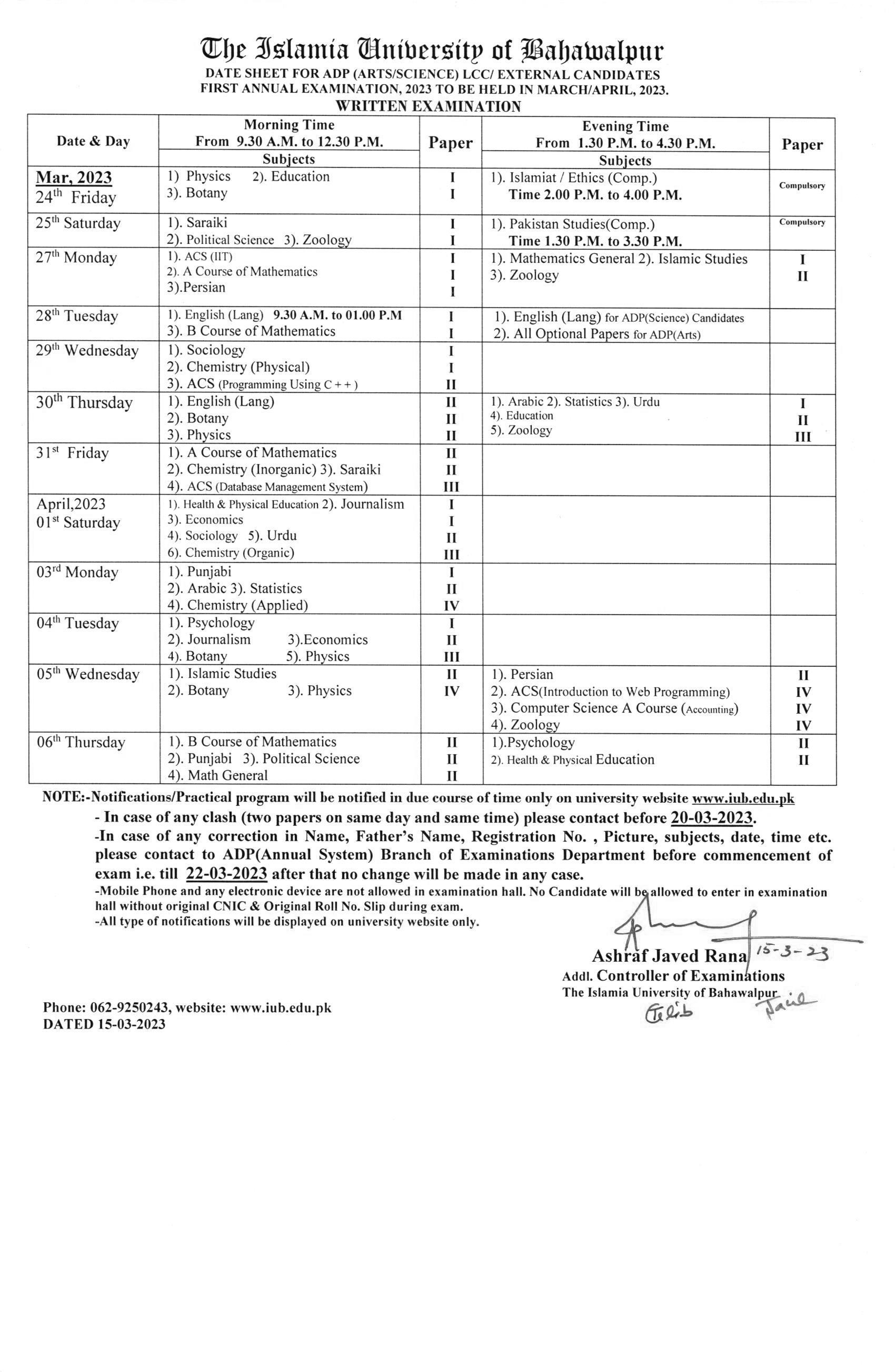 Date Sheet - ADP Annual System First Annual Examination, 2023