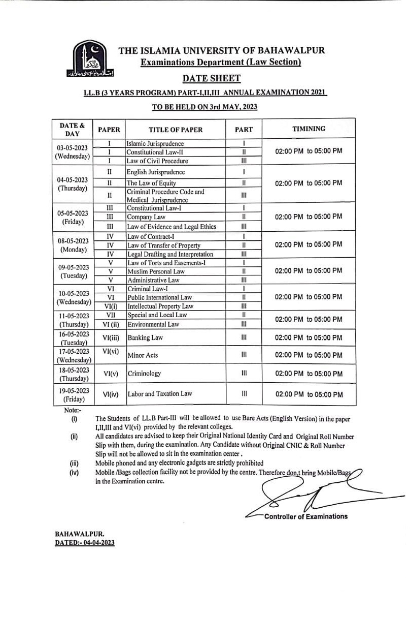 Date Sheet - LLB (3 years) Part I , II and III to be held in May, 2023