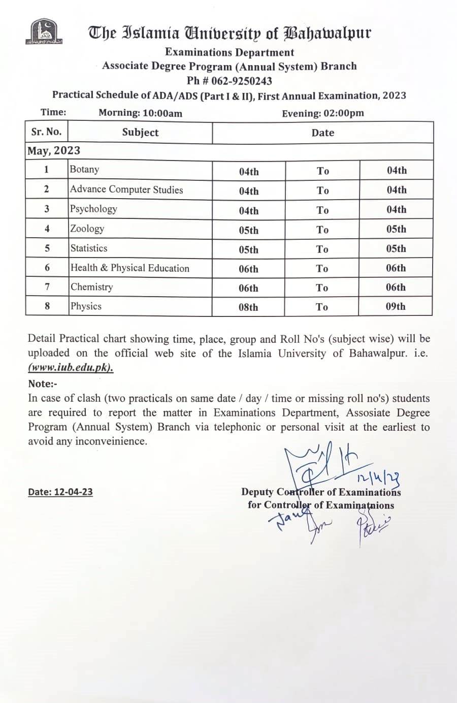 Practical Schedule - ADP Annual System ( Part I and II) First Annual Examination, 2023-1