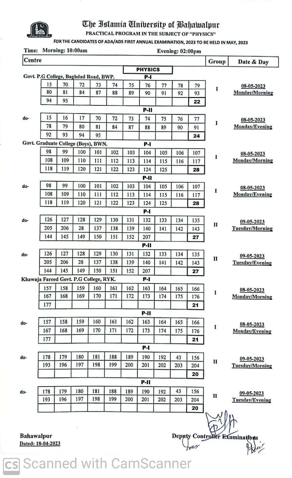 Practical Schedule - Physics ADA ADS (Part I and II ), First Annual Examination 2023