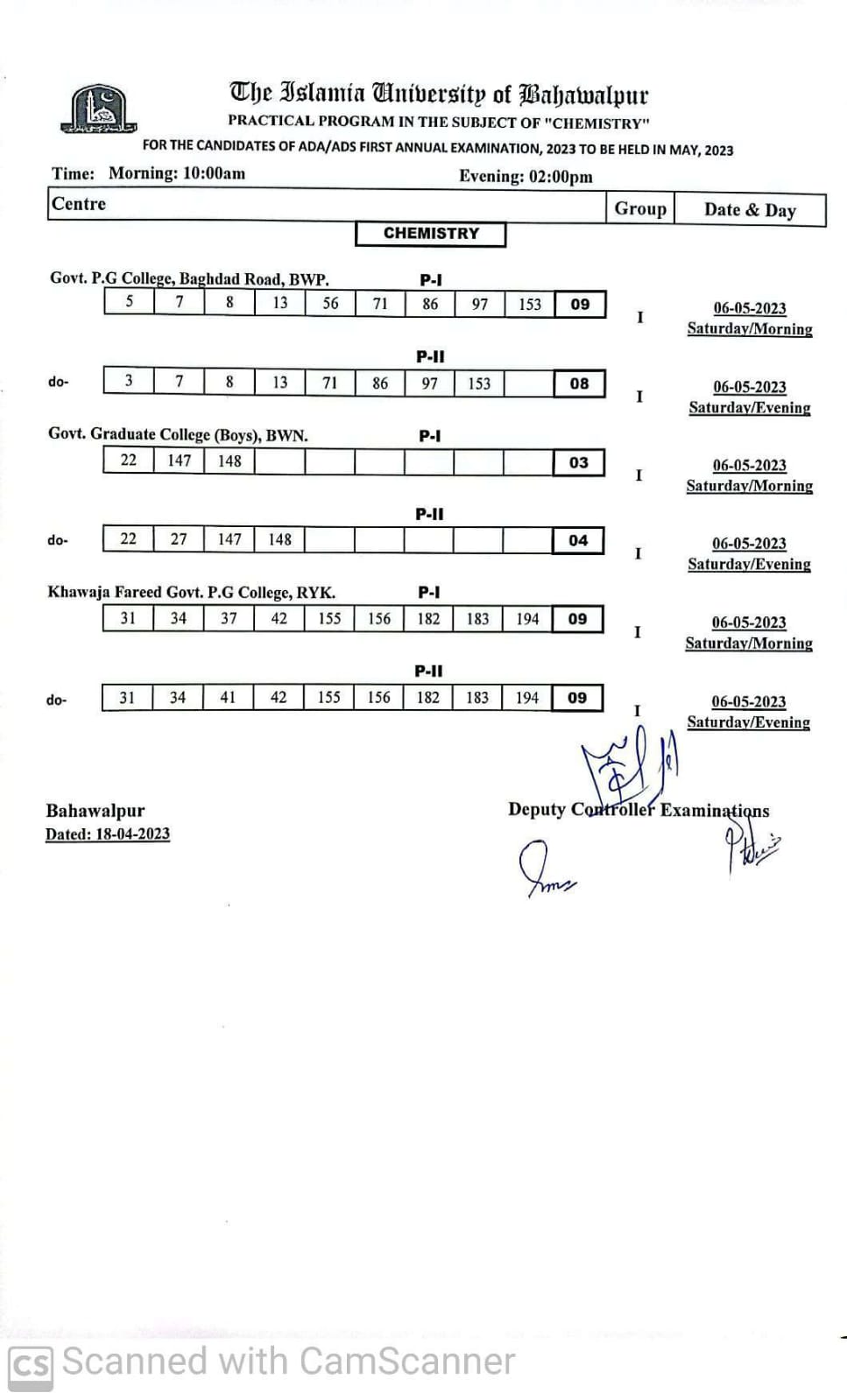 Practical Schedule - Chemistry ADA ADS (Part I and II ), First Annual Examination 2023