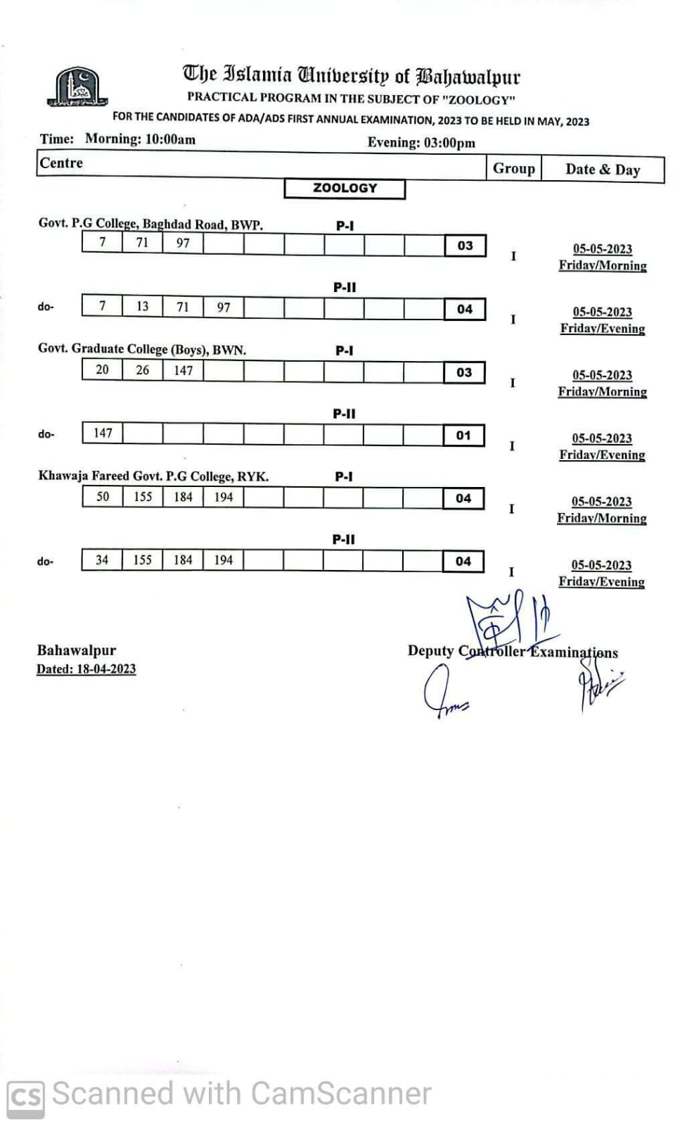 Practical Schedule - Zoology ADA ADS (Part I and II ), First Annual Examination 2023