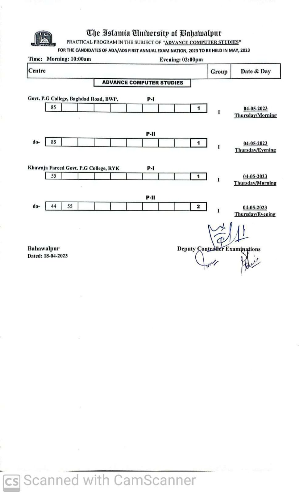 Practical Schedule - Advance Computer Studies ADA ADS (Part I and II ), First Annual Examination 2023