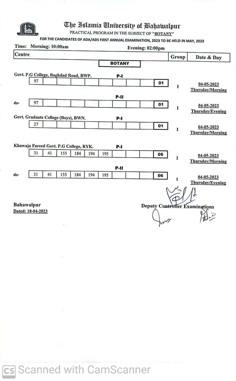 Practical Schedule - Botany ADA ADS (Part I and II ), First Annual Examination 2023