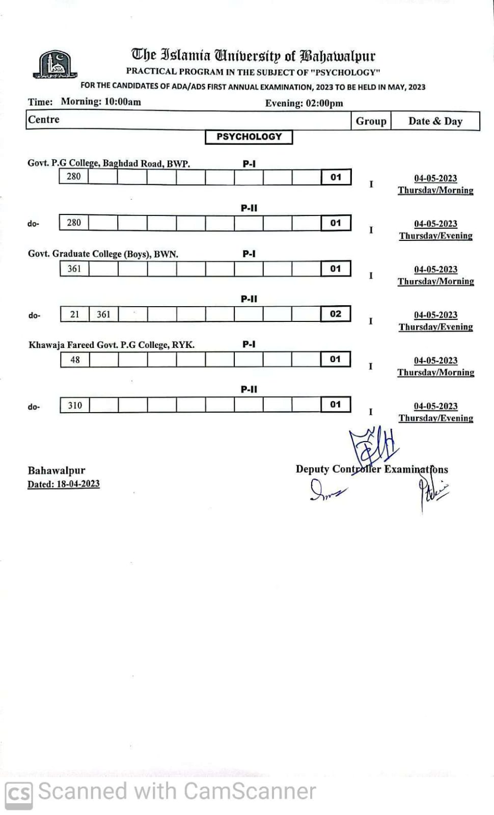 Practical Schedule - Psychology ADA ADS (Part I and II ), First Annual Examination 2023