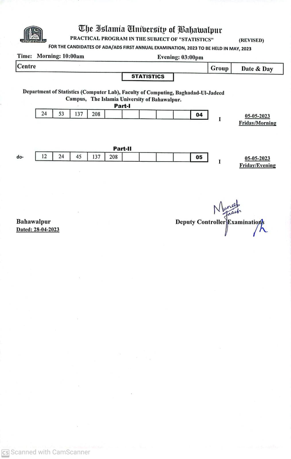 Revised Practical Schedule - Statistics ADAADS (Part I and II ), First Annual Examination 2023