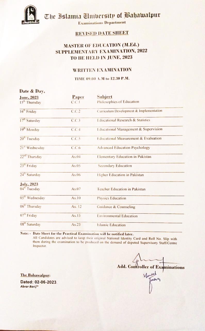 Revised Date Sheet - M.Ed. Supplementary Examination, 2022